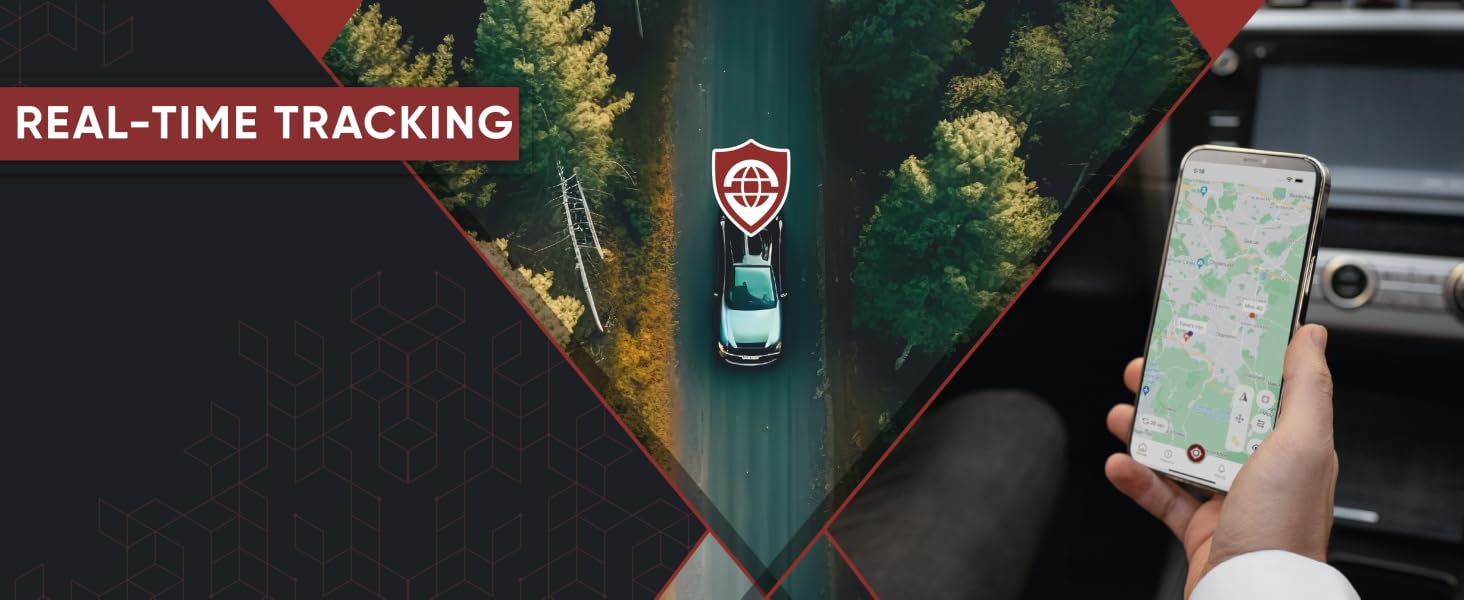 Real-time tracking app showing car location on map. Split view with aerial forest road and hand holding smartphone displaying navigation interface.