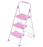 Three-step folding ladder in pink and white colors, featuring non-slip treads and a lightweight metal frame design.