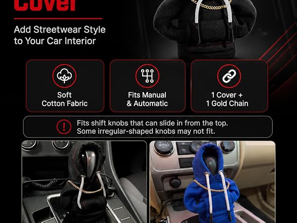 Mini hoodie shift knob cover with key features, fit note, in-car photos, and color options.