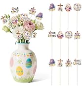 TICIAGA Retro Easter Floral Faith Decorative Picks - 12PCS Religious He is Risen Cross Wooden Pic...