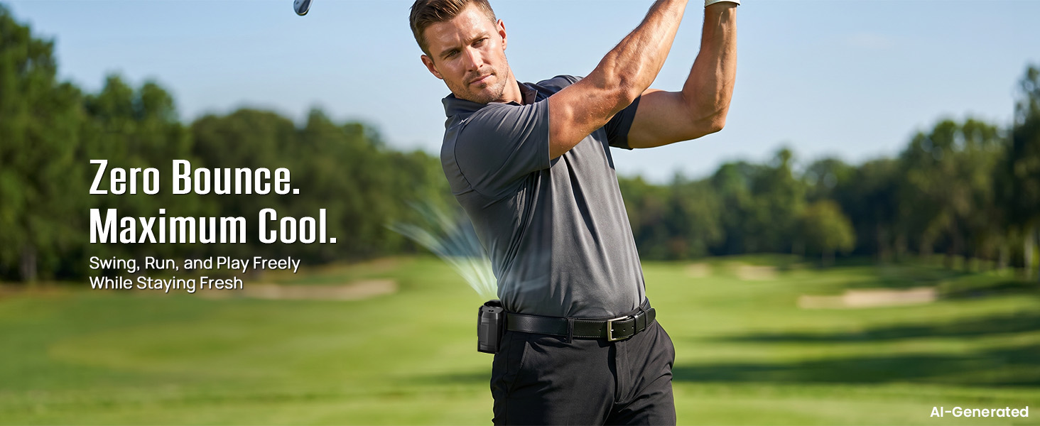 Slim waist fan for men stays close to the body for golf swings, running, and active play