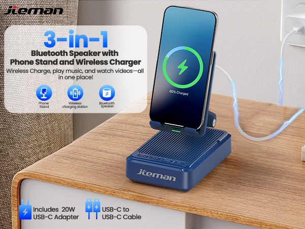Jteman Cell Phone Stand with Bluetooth Speaker and Wireless Charger