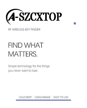 Text reads 'A-SZCZTOP', 'BY WIRELESS KEY FINDER', 'FIND WHAT MATTERS.', 'Simple technology for the things you never want to lose.', 'COLD BEEF', 'LONG RANGE', 'EASY TO USE'. Logo and promotional text for wireless key finder product with tagline and feature descriptions.