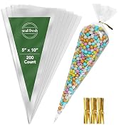 Seal Fresh Cone Cellophane Bags with Twist Ties - 5" x 10" (200 Count) - Clear Cone Shaped Treat ...