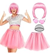 PLULON Pink Bob Wig Tutu Heart Sunglasses for Women Costume, Colorful Party Bob Wigs 80s Tulle Tu...