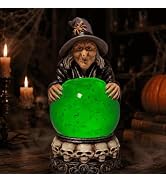 9.45 in Lighted Halloween Witch Snow Globe, Green Water Globe | Automatic Black Particle Swirl, S...