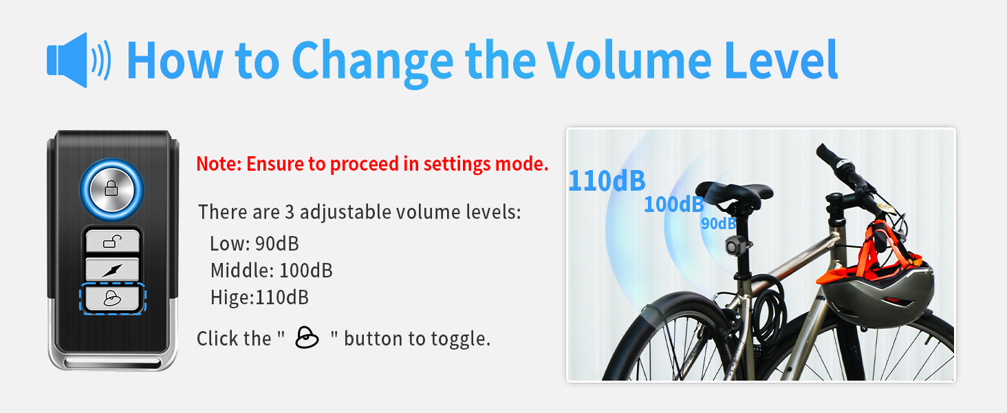 Text reads 'How to Change the Volume Level'. Technical diagram showing volume adjustment instructions with icons for sound settings and visual indicators for low/medium/high levels.