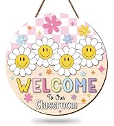 FYSUIMU Pastel Smile Face Wooden Hanging Sign Classroom Welcome Wood Sign Daisy Flower Pink Check...