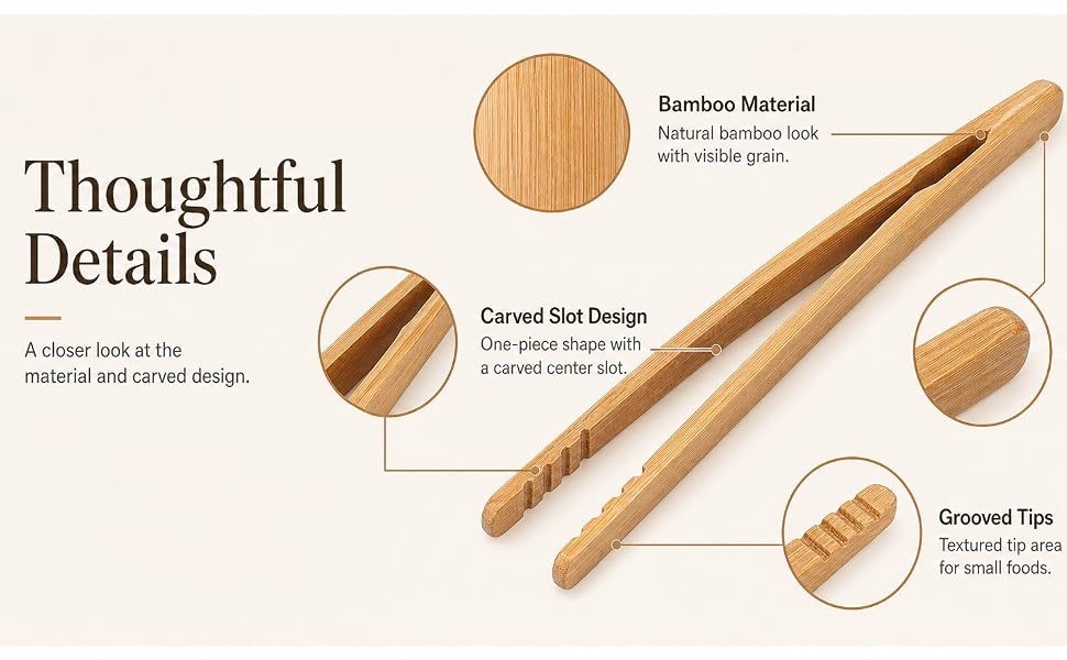 Bamboo toast tongs showing material carved slot rounded ends and grooved tips