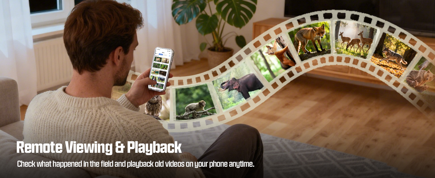 Text reads 'Remote Viewing & Playback' and 'Check what happened in the field and playback old videos on your phone anytime.' Mobile app interface demonstration across multiple screens.