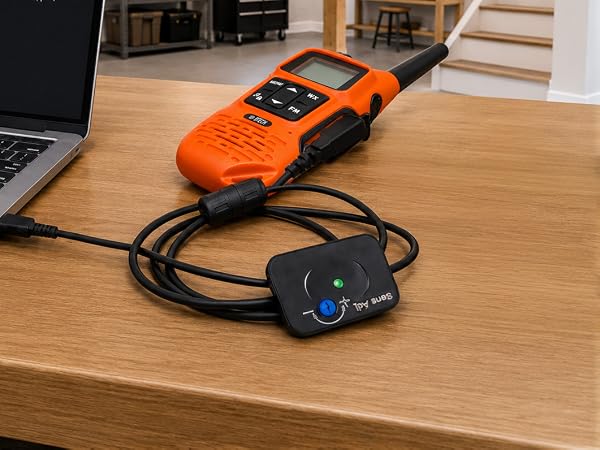 Four BTECH FRS-B1 radios and four charging docks included in the 4-pack