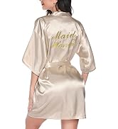 Vlazom Women's Satin Robe Short Kimono Bathrobes for Bride & Bridesmaid Wedding Party Robes with ...
