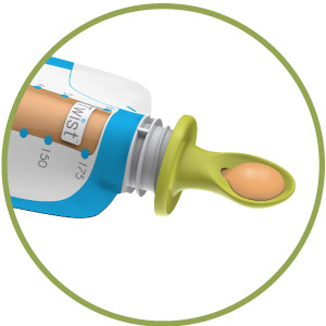 Foodii Squeeze Spoon attaches to pouch for puree feeding