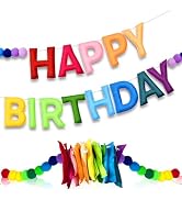 Vuzvuv Pre-Strung Felt Happy Birthday Garland with Pompom Balls, Handmade Banner Decorations for ...