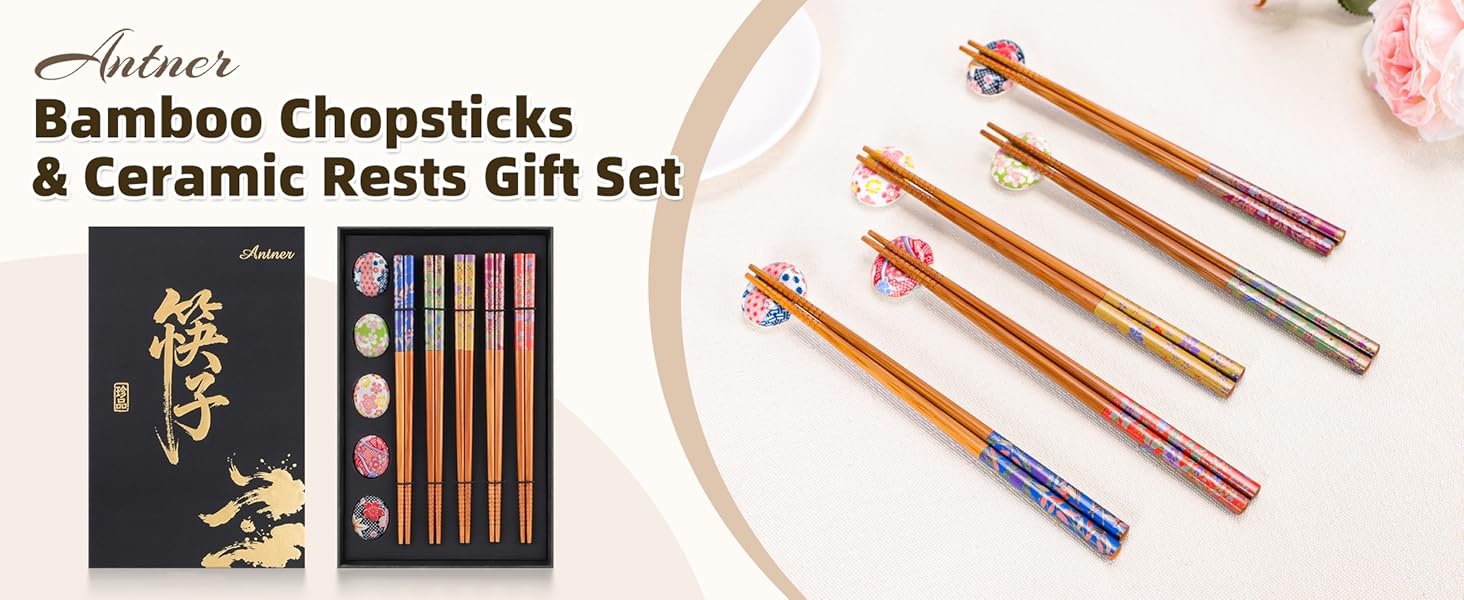 Reusable Bamboo Chopsticks with Ceramic Holders Japanese Style Natural Bamboo Chop Sticks