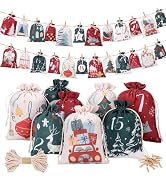 Naler 24PCS Christmas Drawstring Gift Bags, 24 PCS Christmas Advent Calendar Bags for Gift Wrappi...