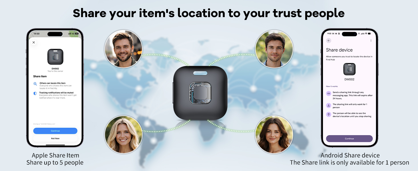 Text reads 'Share your item's location to your trust people'. Mobile app interface showing location sharing functionality with profile icons and a small black device.