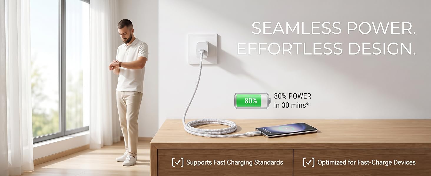 Braided fast charging cable delivers 80% power to smartphones in 30 mins.