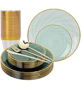 N9R 180Pcs Green Plastic Plates- Disposable Dinnerware Set with Gold Rim for 30 Guests, Include 3...