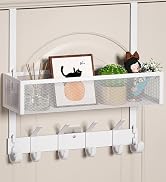 Aimeaihe Over The Door Hooks Organizer, Over The Door Towel Rack with Mesh Basket, 10 Coat Hooks ...