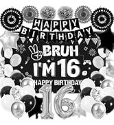 Black 16th Birthday Decorations for Girl Boys Bruh I'm 16 Backdrop, Banner, Paper Fan, Pompoms, B...
