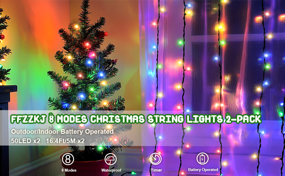 Decorative Christmas string lights display showing multiple color modes with bright LED bulbs creating festive illumination patterns against dark background.