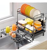 Urackify Expandable Sink Dish Drying Rack for Kitchen Counter, 2-Tier Black | Large Dish Racks, S...