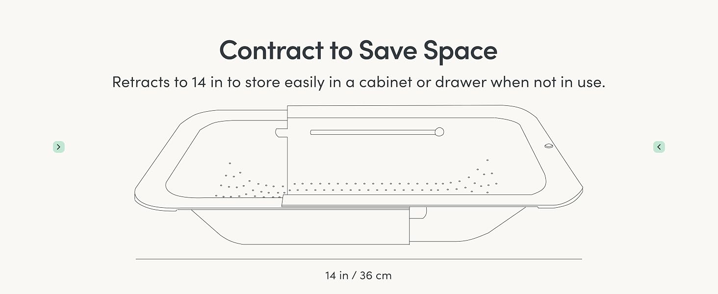 Diagram showing sink colander contracted to 14 inches for compact storage