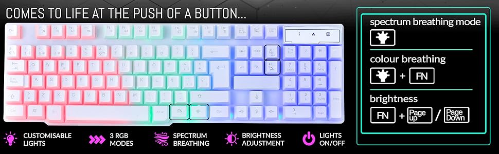 Orzly Gaming Keyboard white RGB USB Wired Rainbow Keyboard Designed for PC Gamer PS5, Laptop, Xbox