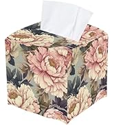 PRESSINART Pink Floral Tissue Box Cover Waterproof Leather Flower Tissue Box Holder Square Vintag...