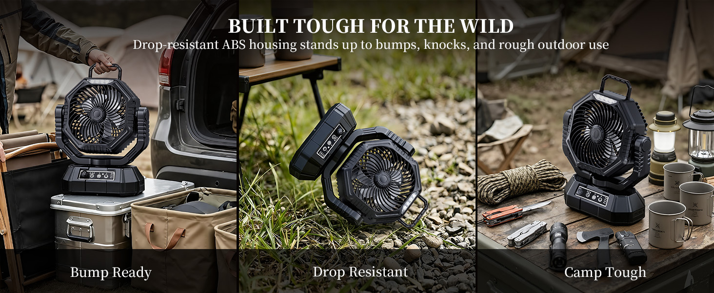 Built tough for the wild: battery operated fan for camping with drop-resistant ABS housing