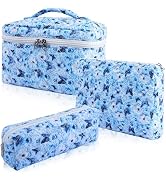 Hatende 3Pcs Cotton Quilted Makeup Bag Set,Large Floral Cosmetic Bag,Aesthetic Toiletry Travel Ma...