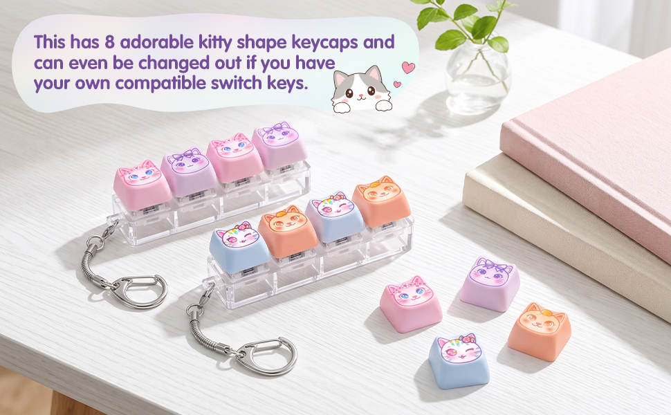 This has 8 cat shape keycaps and can be changed out if you have your own compatible switch keys.