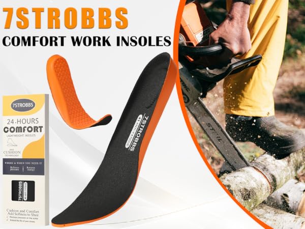 7STROBBS comfort work insoles displayed in orange and black variants, with product features and a closeup of work boot application.