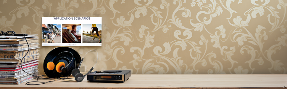 A retro cassette player surrounded by vinyl records on a wooden surface.
