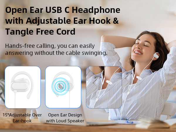 USB Type C Headphone Open Ear Adjustable Over Ear Hook Headset School Kid Earphone Wired Earbuds