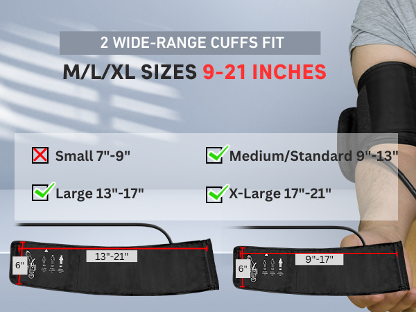 2 WIDE-RANGE CUFFS FIT M/L/XL SIZES 9-21 INCHES