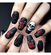 Black Halloween Press On Nails Medium Coffin Acrylic Fake Nails 3D Red Rose Skull Horror Gothic H...