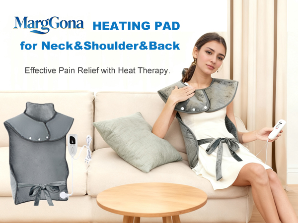 Woman relaxed on sofa with our heating pad covering her back and shoulder for full-body pain relief