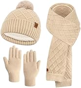 BAHABY Hat Gloves Scarf Set Women, Winter Beanie with Pom Pom Warm Gloves Long Scarf 3 in 1 Set