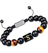 Purdvro Letter Initial Letter A-Z Bracelet for Men Teens Handmade Natural Black Onyx Tiger Eye St...
