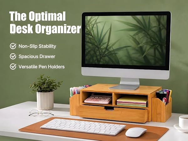 Bamboo Desktop Organizer, Desk Monitor Stand Riser with 1 Drawer and 2 Pen Holder