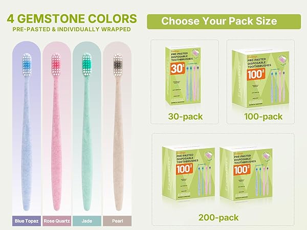 4 gemstone colors and pack sizes 30/100/200 for adult hygiene kits and bulk programs