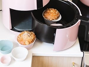 The Silicone Kitchen baking cups in Designer White being used in an Air Fryer