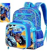 KLFVB 3PC Bookbag for Kids, Boys Truck Backpack Set with Clip-On Lunch Bag, Water Resistant Presc...