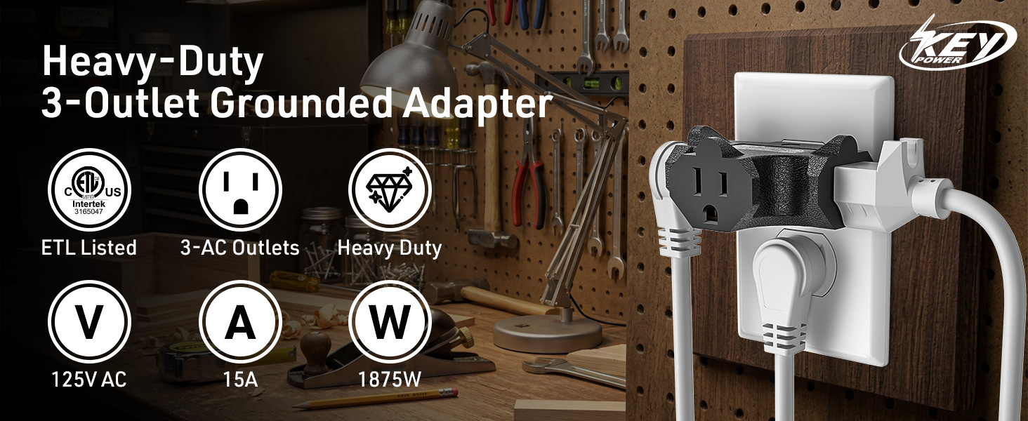 Heavy duty 3 outlet grounded adapter