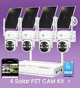 xmartO Wire-Free Solar PTZ AI Tracking Security Camera System, 4-Cam Kit, 4MP 2K QHD + 4K 10CH Ex...