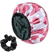 Yonchic Hot Pink Cow Print Satin Shower Cap, Three-Layer Terry Cloth Lined, with Silk Hair Ties, ...