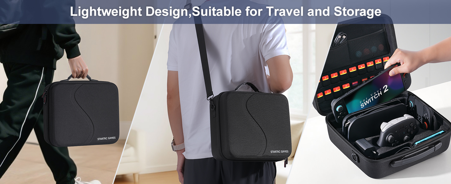 Text reads 'Lightweight Design Suitable for Travel and Storage'. Shows black organizer case in closed and open positions displaying multiple compartments.