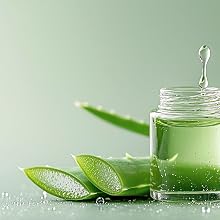 Aloe vera gel in glass jar with fresh aloe slices, representing soothing hydration and comfort